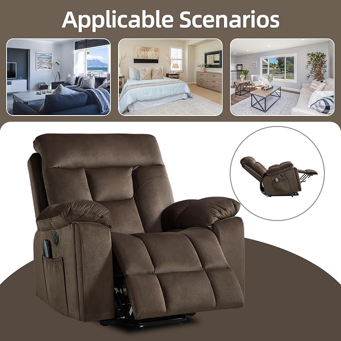 Large Power Lift Recliner Chair with Massage and Heat for Elderly Big and Tall People, Overstuffed Wide Recliners with 2 Cup Holders, Side Pocket and USB Port, Dark Brown