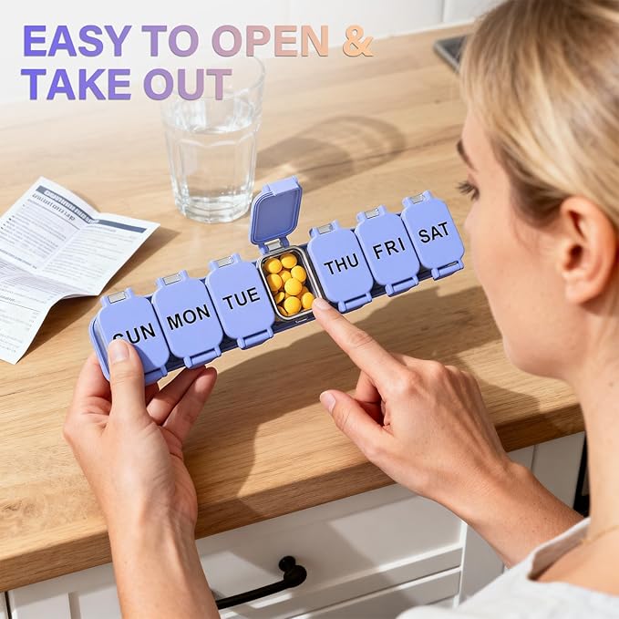 2-Pack Extra Large Weekly Pill Organizer, Travel Pill Box 7 Days, XL Vitamin Holder with 7 Detachable Compartments, Protable Medicine Organizer for Supplements