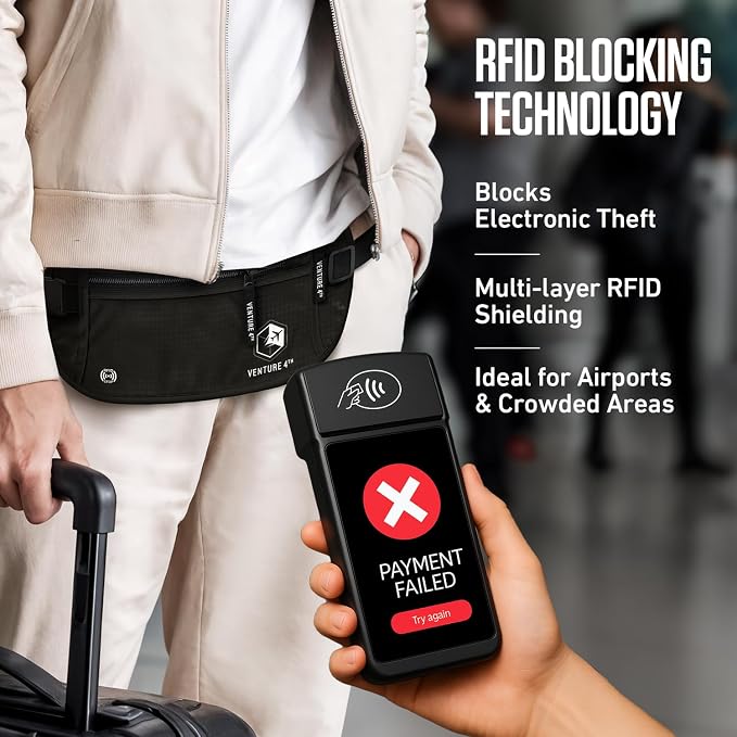 VENTURE 4TH Travel Money Belt, RFID Blocking Passport Holder - Pure Black