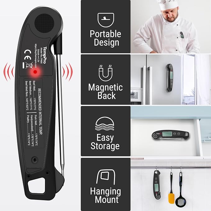 TempPro TempSwift 1 SEC Instant Read Meat Thermometer for Cooking | 100% Waterproof Digital Food Thermometer with Large Backlit LCD, Kitchen Thermometer for Grilling, Smoking & Candy Making