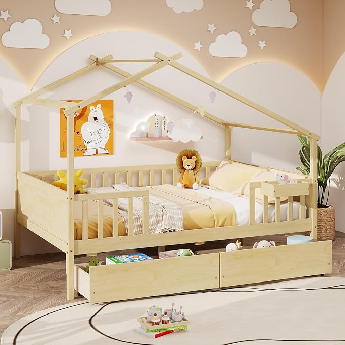 Giantex Full House Bed with Drawers, Wooden Full Size Bed Frame with Cube Storage & Fence Rails, Montessori Beds for Kids Boys Girls, Bedroom, Living Room, No Box Spring Needed, Natural