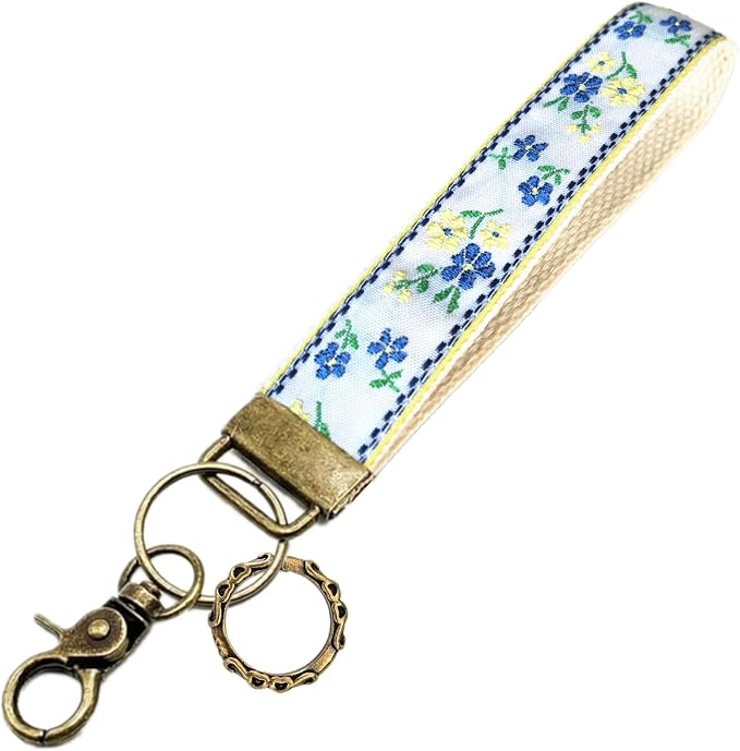 Boho Vintage Embroidered Floral plant Wristlet Keychain for Women | Cute Lanyard&Antique Brass Clasp, Lightweight Hands-Free Key Holder for keys,purses,handbags and daily outdoor use for ladies