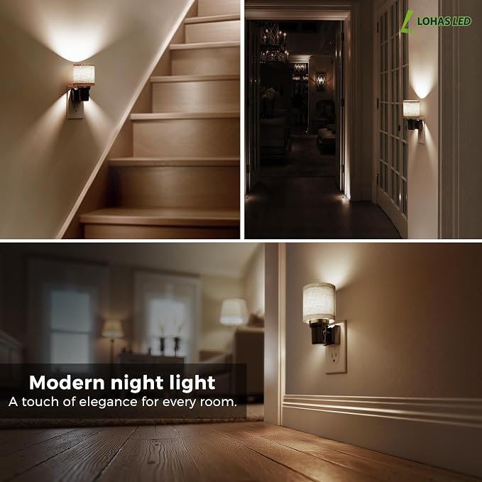 L LOHAS LED Night Lights Plug into Wall,Linen Fabric Cylinder Night Light | 2 Pack Dusk to Dawn Sensor Vintage Nightlight, 5000K Daylight 0-100LM Dimmable, Decor for Bedroom Living Room Hallway