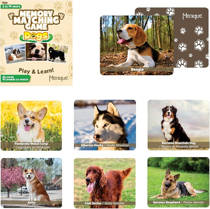 Menique – Dogs Memory Matching Game – Bilingual – 80 Cards (40 Pairs) with Real Photographs – Educational Game for Kids and Adults