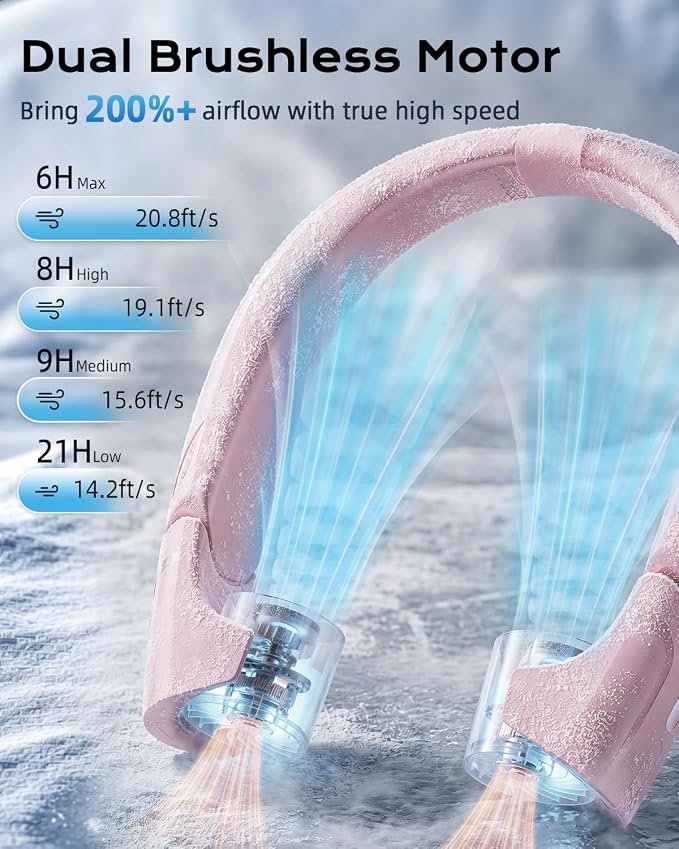 ChillGo 5th Gen Neck Fan with Adjustable Airvents, Dual Motors Personal Fan | 8000mAh Neck Fans That Blow Cold Air,Quick Charging,4 Speeds, Cooling Fan, Neck Cooling Fan for Travel, Gift for Women, Pink