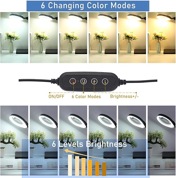 YOCTOSUN 10X Magnifying Glass Lamp with 6 Color Modes Stepless Dimmable, 96 LEDs and 5" Real Glass Lens, Adjustable Swivel Arm Desk Magnifier with Light and Stand for Crafts Hobby Close Work