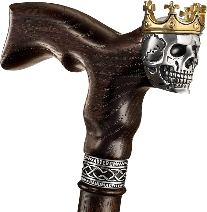Asterom Handmade Wood Walking Cane for Men - Skull King - Cool Men's Wooden Canes Fashionable Walking Stick