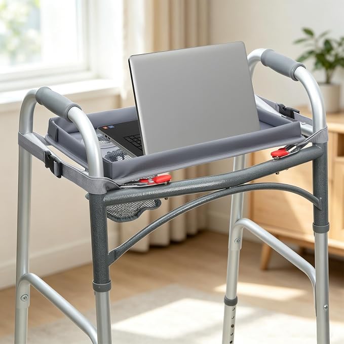 Detachable Walker Tray with Cup Holder, Rolling Folding Walker Accessory for Elderly, Gray Without Pockets with Baffles