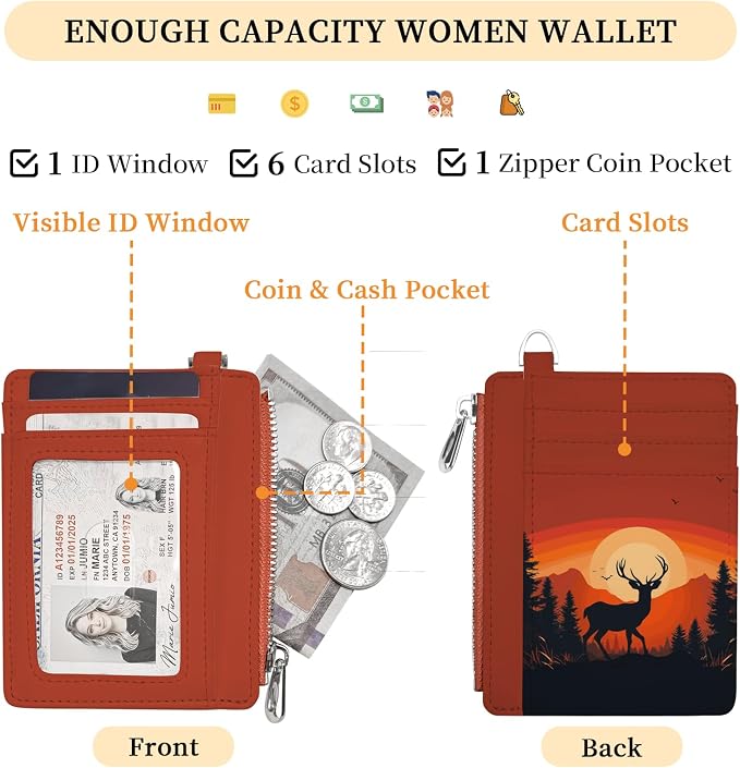 Hancynir Sunset Deer Slim Wallet Women Credit Card Holder, Small RFID | Zipper Pocket Wallet, Thin Travel Coin Purse, PU Leather, Minimalist Card Case, 6 Card Slots, ID Window, Ladies Women Gifts