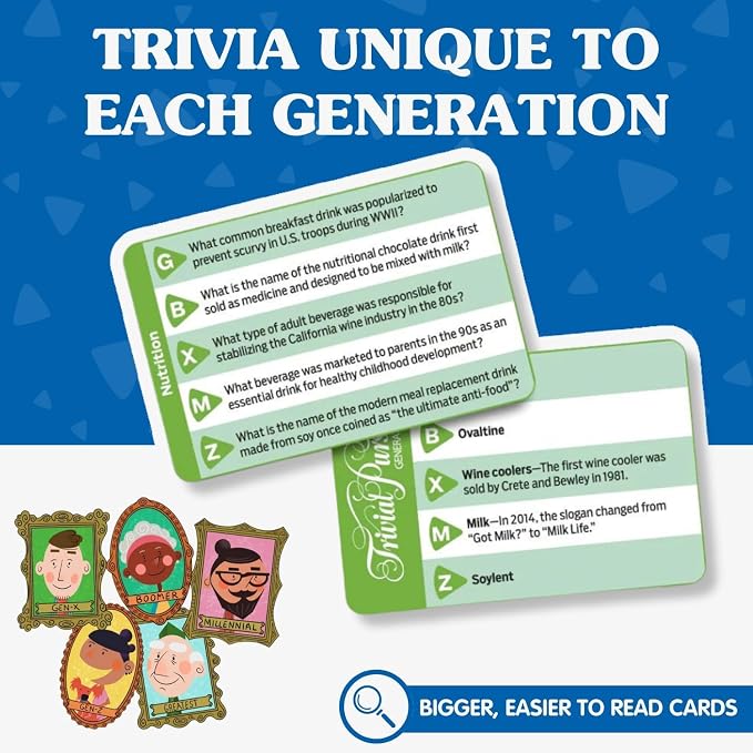 JOY FOR ALL Games - Trivial Pursuit Generations - Generational Trivia - Create Personalized Questions - Bigger Easy-to-Read Cards - Fun Multigenerational Trivia Game for Seniors, Teens, and Adults