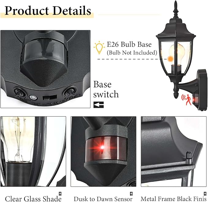 Porch Lights Outdoor Motion Sensor Wall Sconce Anti-Rust Aluminum, Exterior Outdoor Wall Lights Dusk to Dawn Porch Light Fixture Wall Mount for House Outside Patio 2Pack