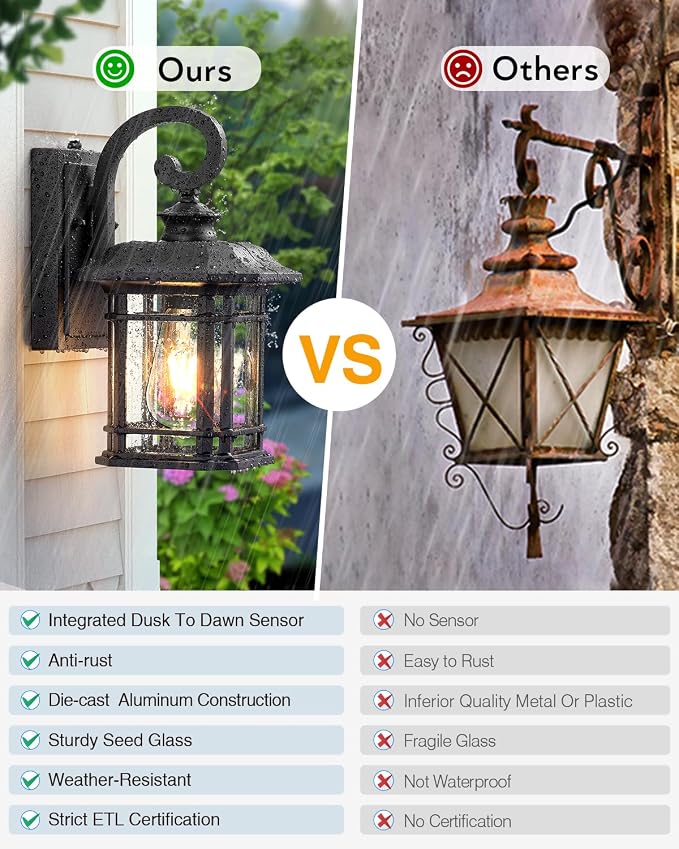 VIANIS Black Outdoor Light Fixture Dusk to Dawn, 2 Pack Porch Lights Outdoor, Exterior Lighting Fixtures with Seed Tempered Glass, Outside Lights for House, Garage, Doorway, Patio
