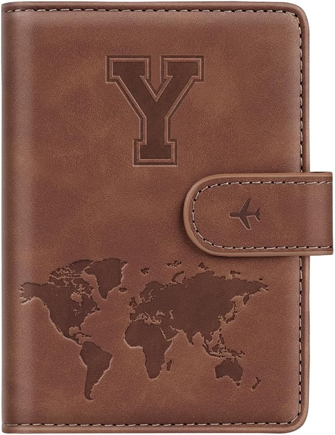 Passport Holder Wallet Cover Personalized Initial Travel Essentials | Embossed Letter A-Z Design, Travel Wallets, RFID Blocking, Passport Book Holders, Women and Men, Personalized Gifts, Brown-Y