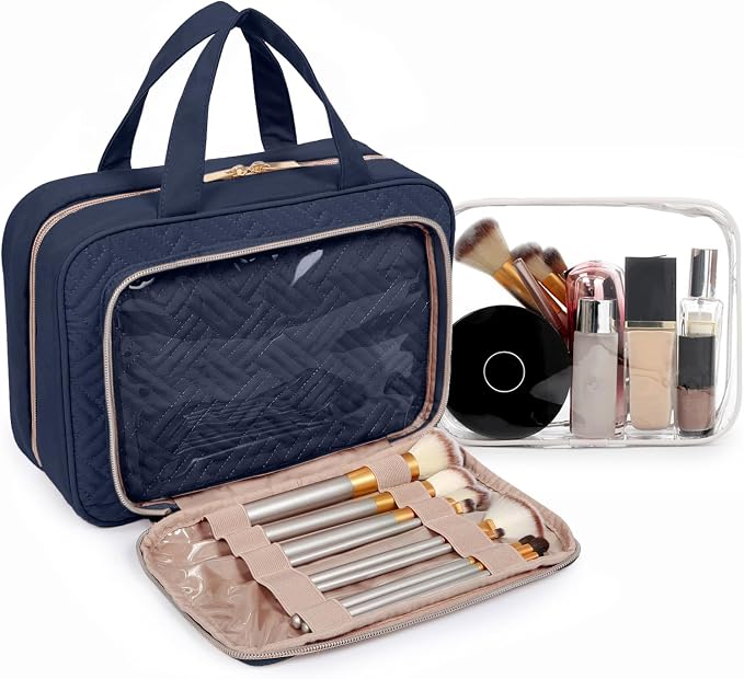 BAGSMART Toiletry Bag Hanging Travel Makeup Organizer with TSA Approved Transparent Cosmetic Bag Makeup Bag for Full Sized Toiletries, Large-Navy