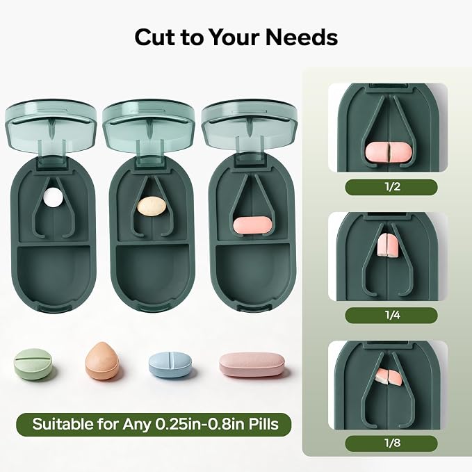 Pill Cutter Splitter with Precise Cutting for Large, Small & Tiny Pills | with Removable Silicone Pad, Easy-Cut Stainless Steel Blade for Tablets, Vitamins, Medication, Portable, Compact Size, Green