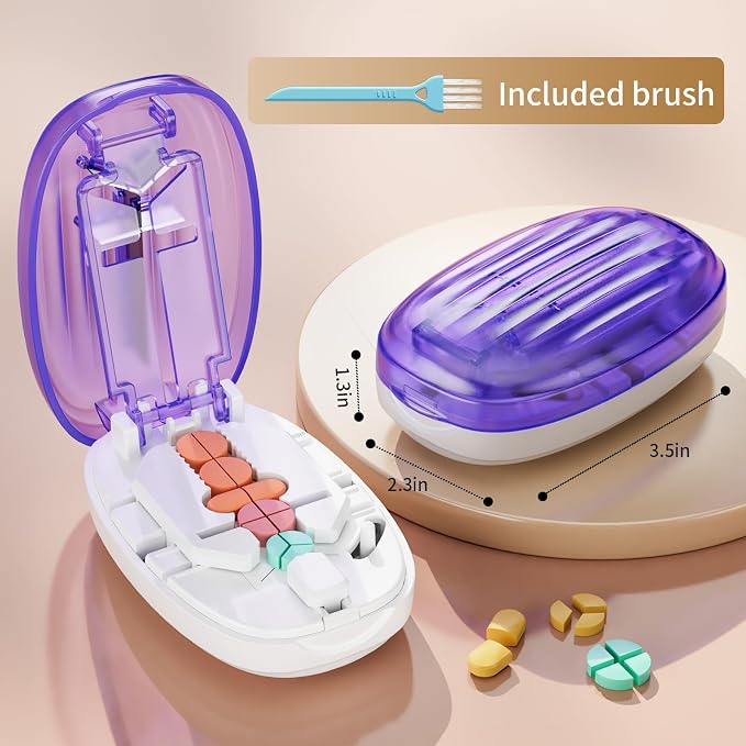 Pill Cutter Splitter for Small and Tiny Pills, 1/2 1/4 Pill Splitter for Small Pills,Tablets in Half or Quarters, Accurate and Easy Cutting, Stainless Steel Blade, Back Storage (Purple)