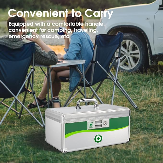 Medicine Lock Box, First Aid Safe Medication Storage Box, Layered Aluminum Daily Medicine Lockable Box with Key (Large)