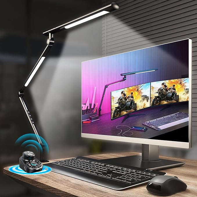Dual Light Source LED Desk Lamp - Clamp Mount Office Table Light with Knob Remote Control, Adjustable Brightness & Color Temperature, 5 Lighting Modes for Reading, Computer, DIY
