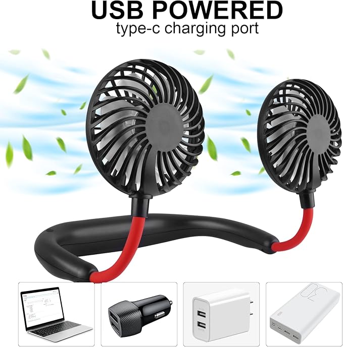 Haomaomao Portable Neck Fan 2500 mAh Rechargeable USB Hands-Free Mini Face Cooling Personal Double Headed Rotatable Small Fan for Working Office Reading Traveling Outdoor Sport