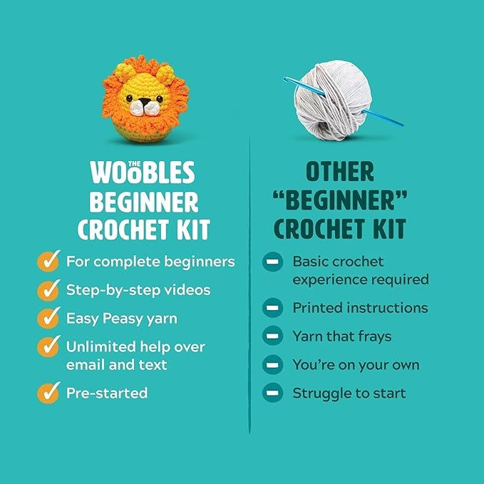 The Woobles Amigurumi Crochet Kit for Beginners (Sebastian the Lion) | As seen on Shark Tank, Kit includes: Easy Peasy Yarn, pre-started piece, hook, safety eyes, stuffing, video tutorials