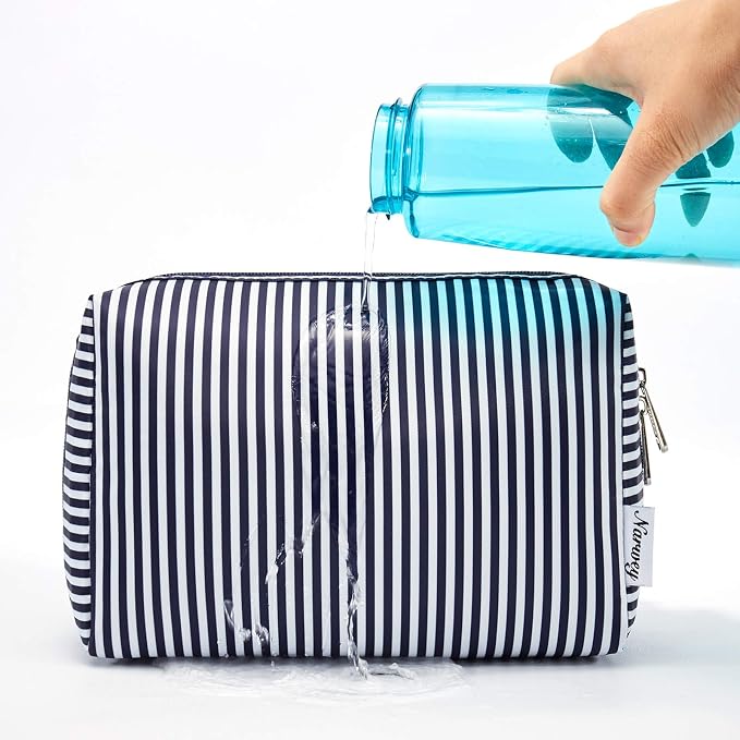 Narwey Cute Makeup Bag Travel Cosmetic Bag Organizer Toiletry Bag Make Up Bags with Compartments for Women Girls (Large, Blue Stripe)