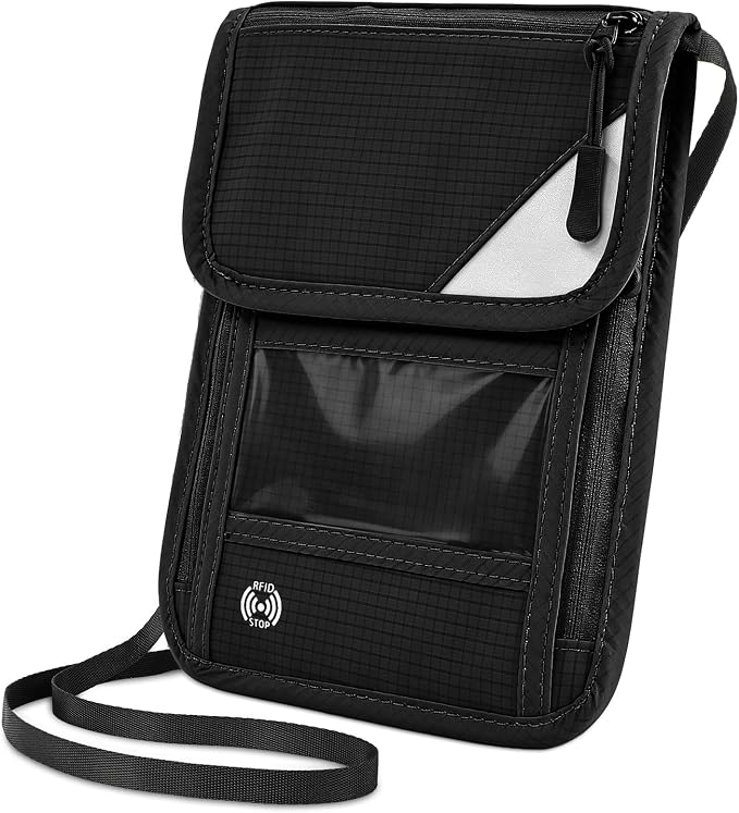 XIEEAOZEE Passport Holder, RFID Blocking Travel Wallet for Women & Men, Slim & Light Waterproof Neck Pouch, Hidden and Secure Passport Wallet (Black)