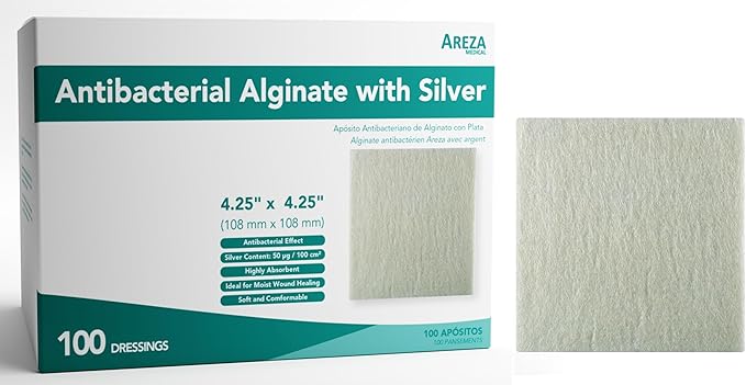 Areza Silver Calcium Alginate Antibacterial Wound Dressing Pads – Sterile, Non-Stick, Highly Absorbent; for Wound Drainage & Infection Risk (4.25″×4.25″, 100-Pack per Box), 1 Box