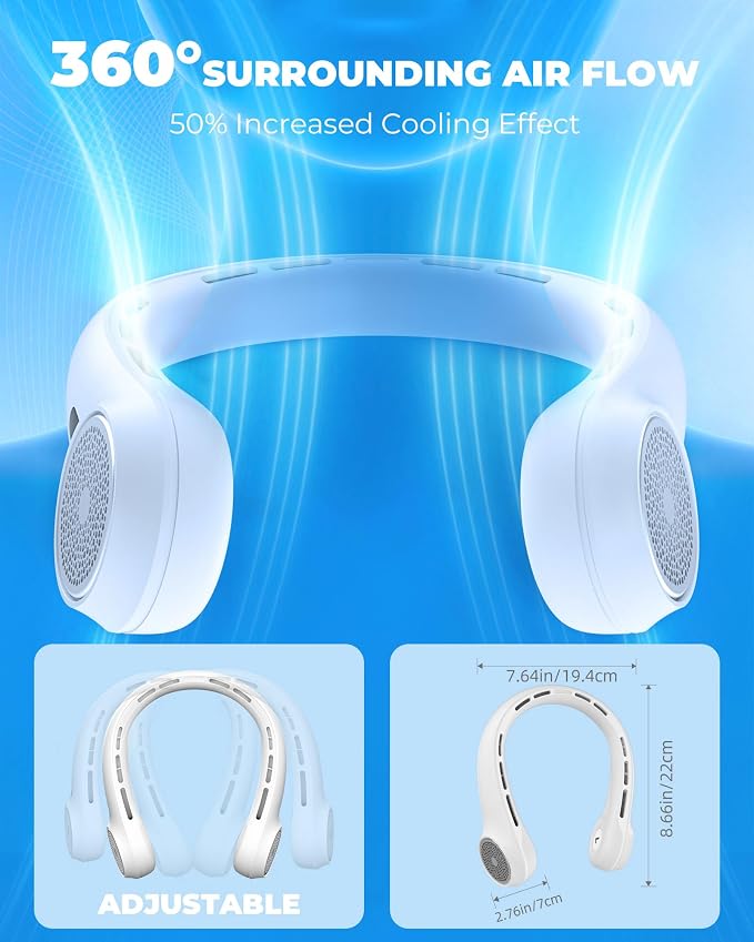 Neck Fan with 4000mAh Rechargeable Battery & LED Display, Portable Personal Cooler for Women/Men, 3-Speed Bladeless 360° Cooling Fans, Stylish Gift for Gym/Travel/Office, White
