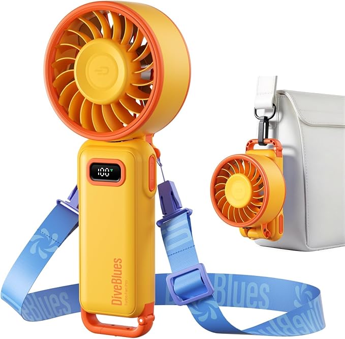 Diveblues Portable Handheld Fan, 7.4m/s High Speed Turbo Fan, 180° Foldable 4-in-1 Personal Neck Fan Integrated Carabiner Clip, 100 Speed Stepless Control, USB-C Rechargeable, 12H Battery, Fanzy D6036