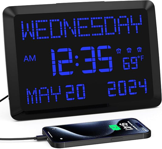 11.5” Extra Large Digital Wall Clock with Date and Day of Week , Electric Desk Clock for Seniors, Large Display Alarm Clock for Bedroom with Battery Backup, 5 Dimmer, 2 USB Ports, Indoor Temp, 12/24H