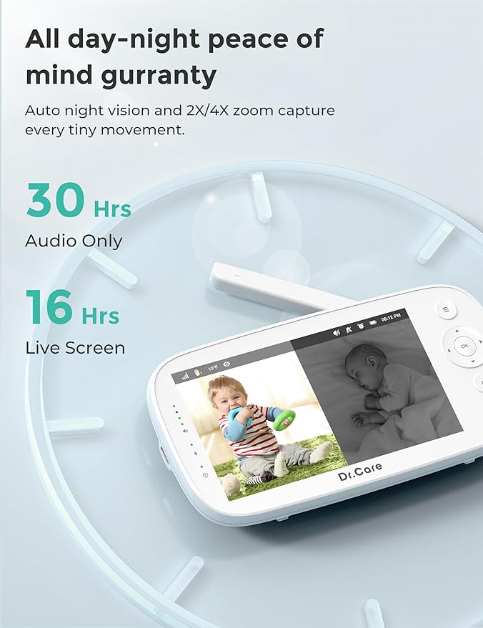 Dr.Care NovaView Video Baby Monitor with 2 Cameras - 5" 1080P Split Screen Display, 5000mAh Battery, Night Vision, Real-Time/VOX, 2X/4X Zoom, Pan & Tilt, 1000ft Range, 2-Way Audio, No WiFi