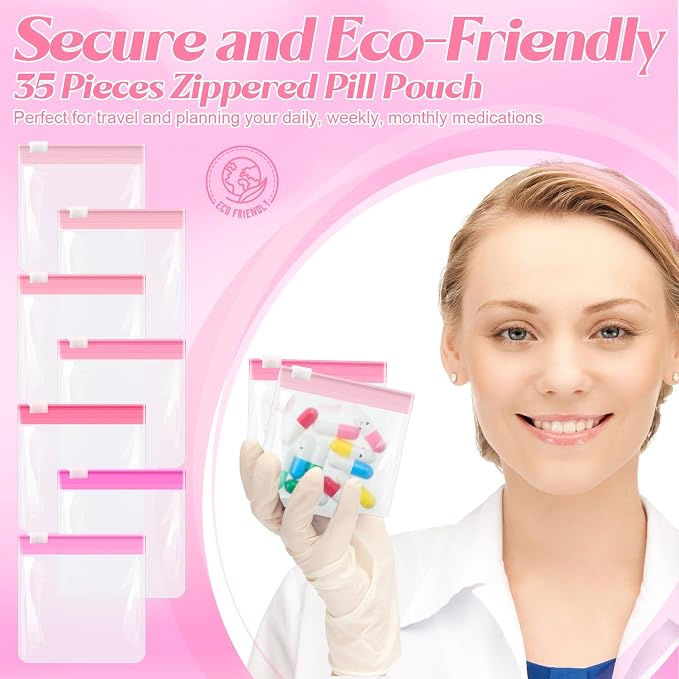 Sherr 35 Pcs Pill Pouch Bags with Zipper Pill Pouch Set Travel Reusable Translucent Medicine Organizer Self Sealing Plastic Bag with Slide Lock for Storage(Gradient Pink,3 x 3 Inch,Blank Style)