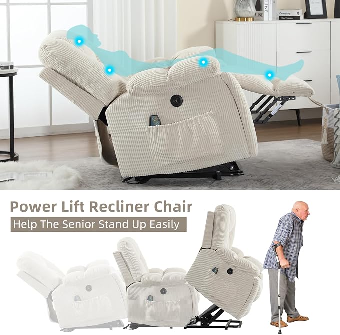 Power Lift Recliner Chair with Massage and Heat for Elderly, Overstuffed Wide Recliners, Heavy Duty and Safety Motion Reclining Mechanism with USB Ports, 2 Concealed Cup Holders, Beige