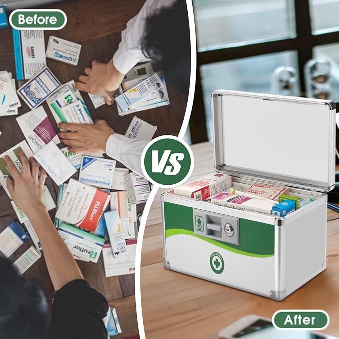 Medicine Lock Box, First Aid Safe Medication Storage Box, Layered Aluminum Daily Medicine Lockable Box with Key (X-Large)