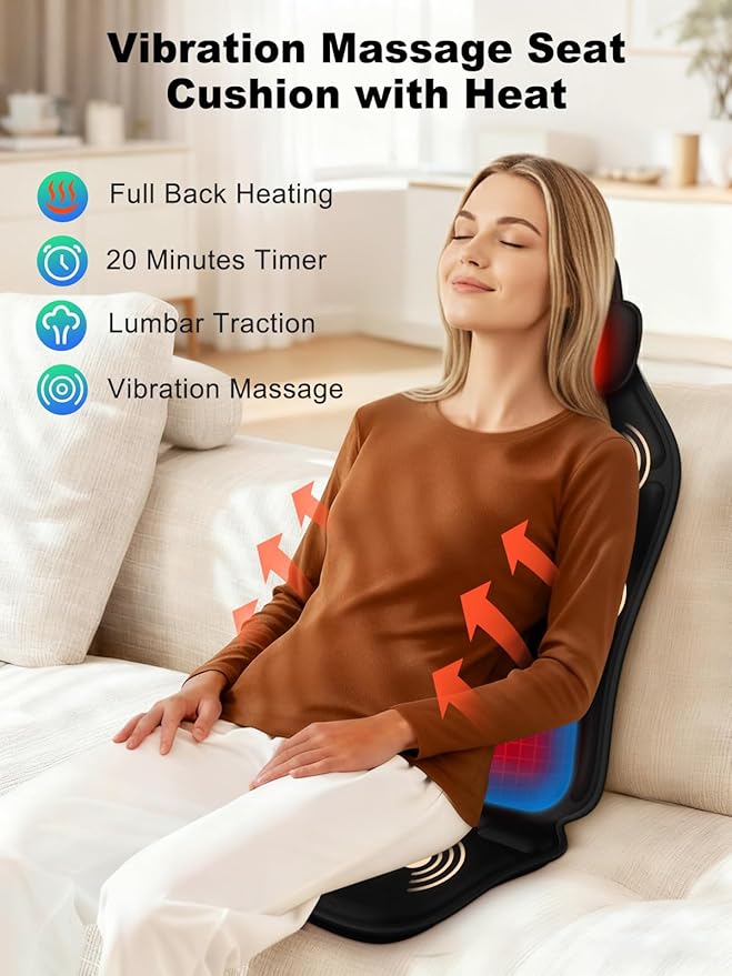 Vibration Back Massager for Chair with Heat, Massage Chair Heating Pad with Lumbar Traction, Seat Massager for Seniors, Office Workers & Family, Fatigue & Pain Relief in Office, Home & Travel