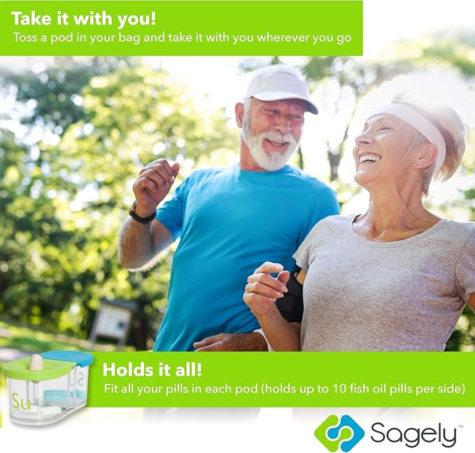 Sagely XL Pill Organizer, Durable Medicine Box, Magnetic Daily Removable Pods, Easy-to-Use, Spill-Proof, Large Enough to Fit Fish Oil, Cod Liver Oil, Supplements & Vitamins (Mint Blue/Coral)