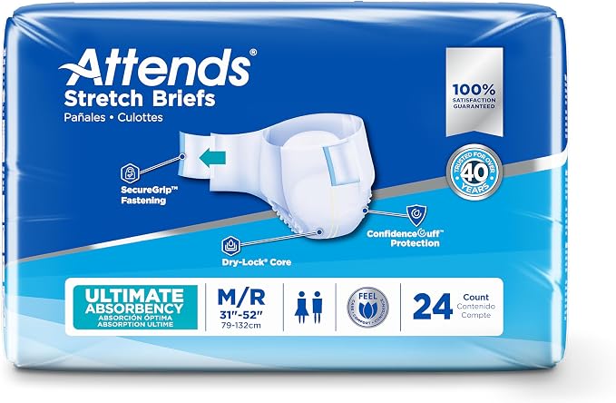Attends Stretch Adult Incontinence Disposable Briefs, Medium/Regular, 31"-52" Waist with SecureGrip Tab Closure, Ultimate Absorbency with Dry-Lock Containment Core and Breathable Side Panels, 24ct Bag
