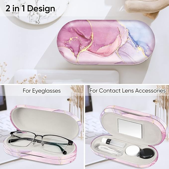Fintie 2 in 1 Contact Lens Case and Eyeglasses Case, Double Sided Portable Eyeglasses Travel Holder with Built-in Mirror, Tweezer and Contact Lens Solution Bottle Included