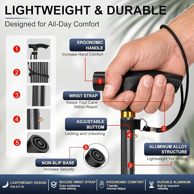 supregear Folding Cane, 5-Level Adjustable Height Walking Stick Lightweight Collapsible Portable Travel Cane with Wrist Strap and T Handle for Elderly Disabled Men Women