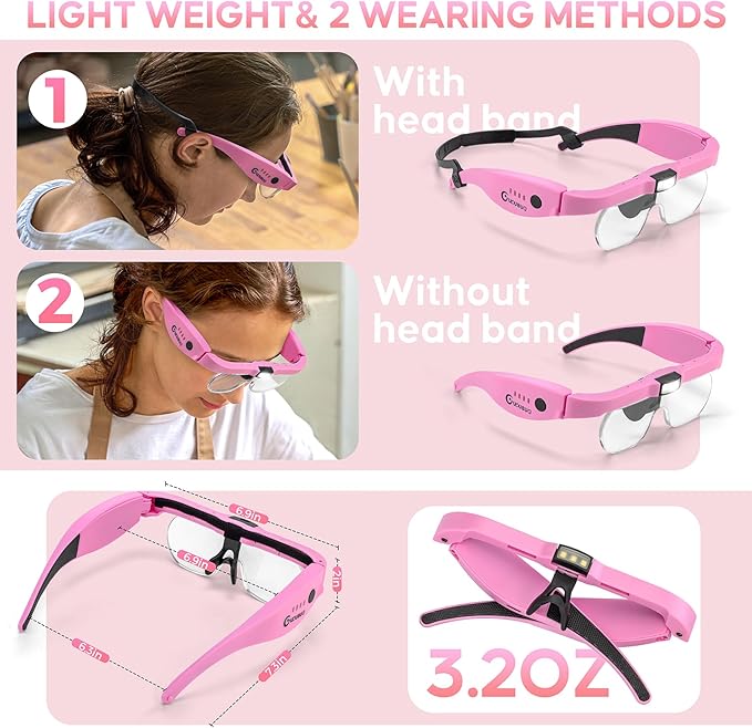 Magnifying Glass with Light, 1.5X-5.0X Magnifying Glasses 4 Lenses | Detachable,Light Weight Acrylic Lens, Rechargeable, Adjustable Magnifier Headset, Magnify Glasses for Close Work Crafts Hobby