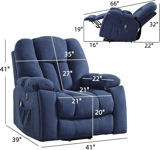 Power Lift Recliner Chair with Massage and Heat for Elderly, Overstuffed Wide Recliners, Heavy Duty and Safety Motion Reclining Mechanism with USB Ports, 2 Concealed Cup Holders, Navy Blue