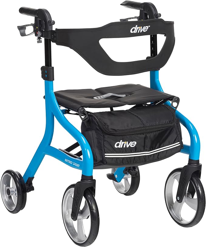 Drive Medical Nitro Sprint Rollator Walker with Seat, Standard, Blue | Lightweight Rollator with Large Wheels Offers Compact Folding Design for Standard Size Everyday Comfort