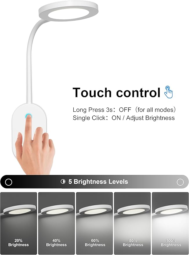 deeloop Wall Mounted Reading Light,Book Lights with USB Output, Reading Lamps for Bed Headboard in 4 Hours Auto-Off, Touch Control Wall Lamp with 5 Dimmable Flexible Head Rotation Bedside Lamps White