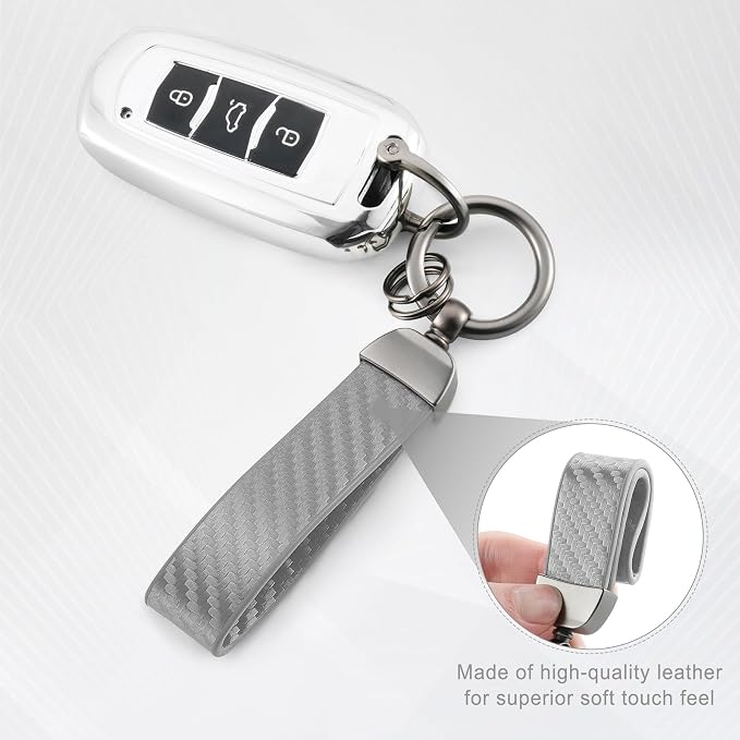 JUSTTOP Leather Keychain, Carbon Fiber Car Key Chain with Anti-Lost D-Ring and 2 Key Ring, Keychain Wristlet, Car Accessories, Universal Keychain for Men and Women (Grey)