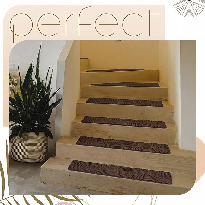 Dunzy Non Slip Stair Treads for Wooden Steps Indoor 15 Pack 8"x30" Boho Stair Treads with Reusable Adhesive Runner Rugs, 3D Peel, for Elders and Dogs, Pets, Coffee