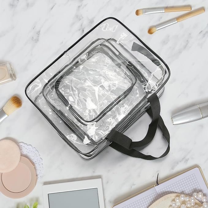 HAOGUAGUA 3 Pieces Large Clear Travel Bags for Toiletries, Waterproof Clear Plastic Cosmetic Makeup Bags, Transparent Packing Organizer Storage Bags (Black)