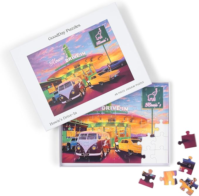 Large Piece Jigsaw Puzzle – Easy & Colorful, Dementia & Memory Activities for Seniors, Elderly Gifts, 48 Pieces, Howie's Drive-in