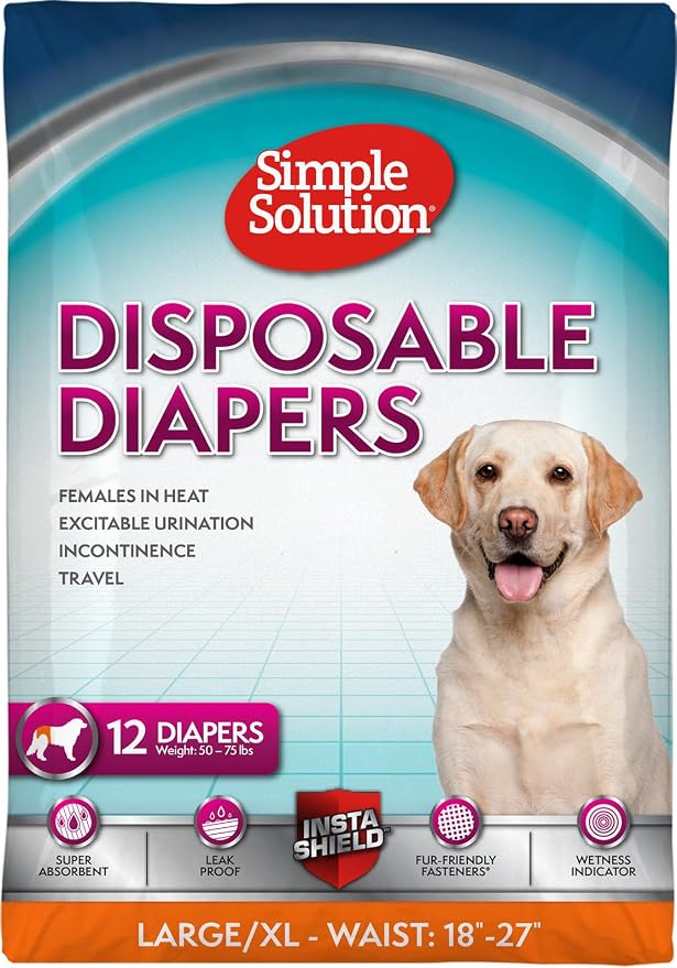 Simple Solution Female Dog Diapers, Disposable Dog Diapers, L/XL, 12 Count | Dog in Heat, Potty Training, Incontinence Support, Leak Proof, Puppy Training, Disposable Protection, Secure Fit, 18-27 Inch