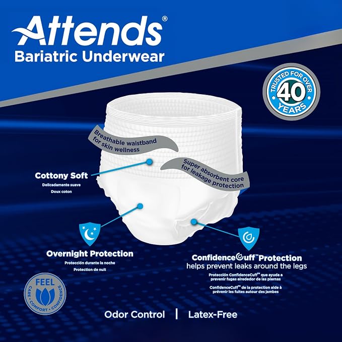 Attends Bariatric Adult Incontinence Underwear, 3X-Large (74-92"), [40 Count] - Overnight Absorbency for Men and Women, Disposable Pull-On Diapers with Tear-Away Sides, AU60