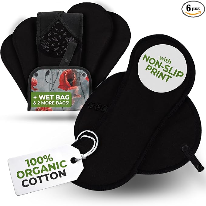 Non-Slip Reusable Incontinence Pads for Bladder Control (L+XL; 6-Pack); High Temp Washable Organic Cotton Cloth Pads with Quick Absorption & Odor Control; Soft & Non-Irritating for Sensitive Skin